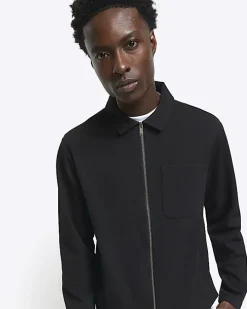 Black slim fit textured zip up sweatshirt