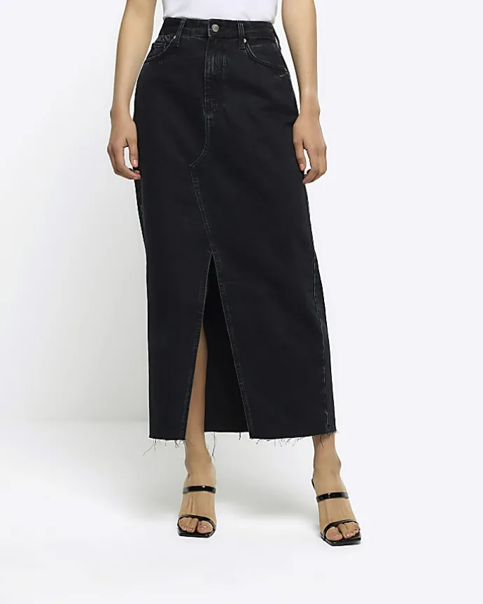 Black split front denim midi skirt