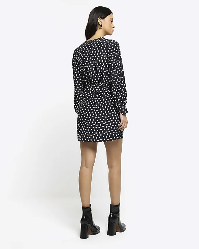 Black spot knot detail swing mini dress