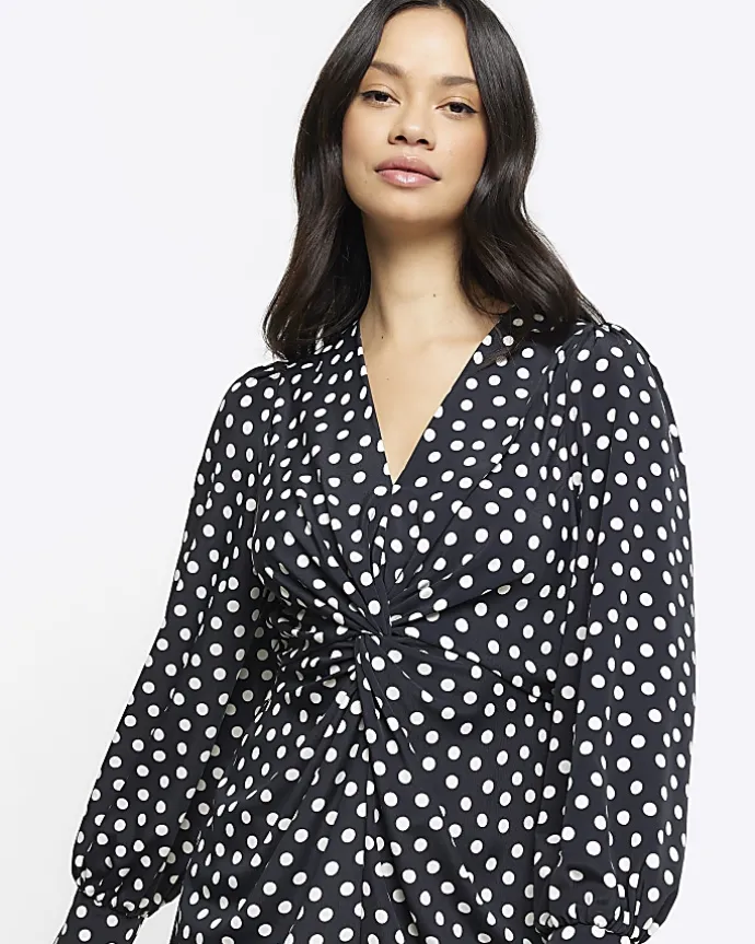 Black spot knot detail swing mini dress