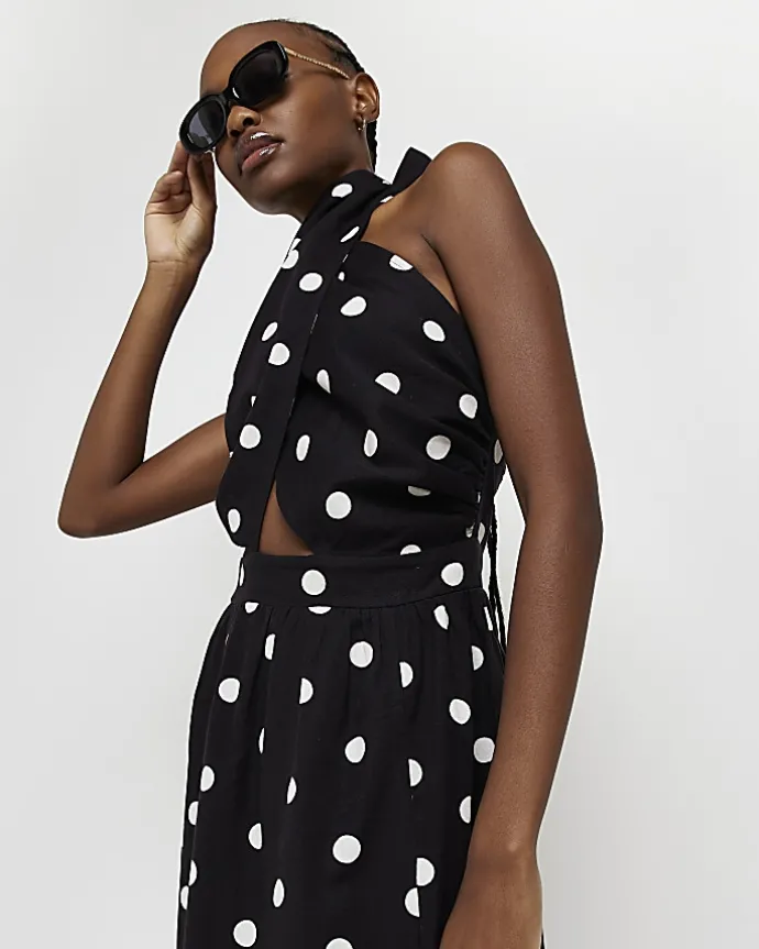 Black spot linen halter neck midi dress