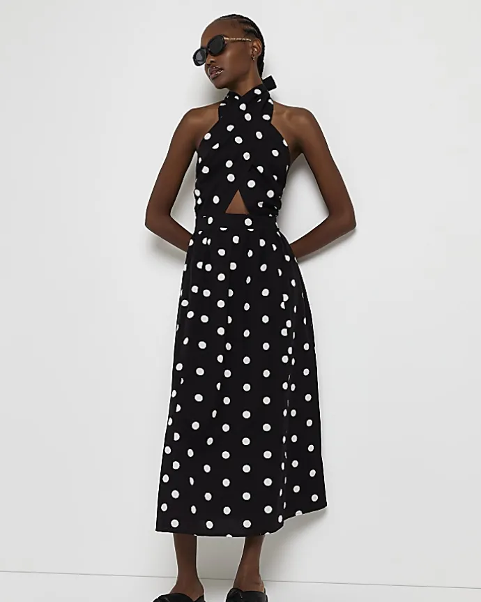 Black spot linen halter neck midi dress