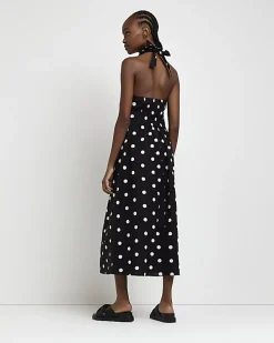Black spot linen halter neck midi dress