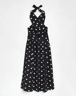 Black spot linen halter neck midi dress