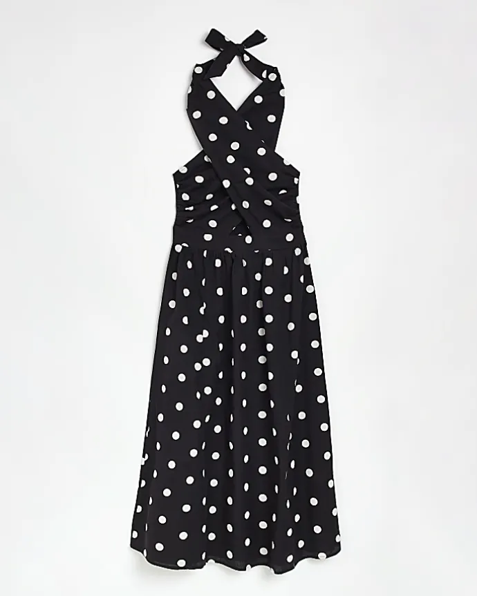 Black spot linen halter neck midi dress