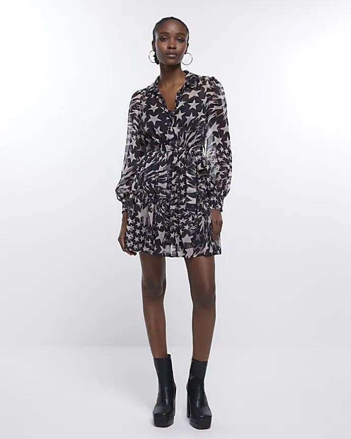 Black star long sleeve mini shirt dress