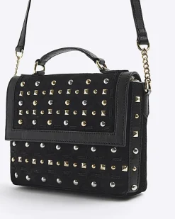 Black suede studded satchel bag