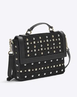 Black suede studded satchel bag