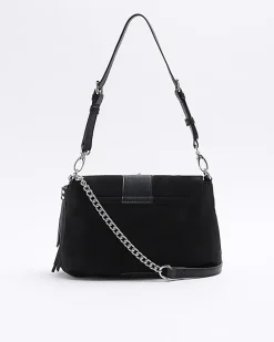 Black suedette buckle shoulder bag
