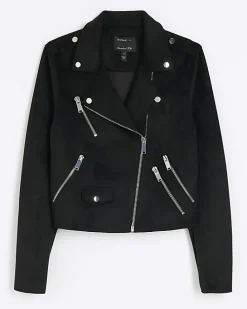 Black suedette crop biker jacket