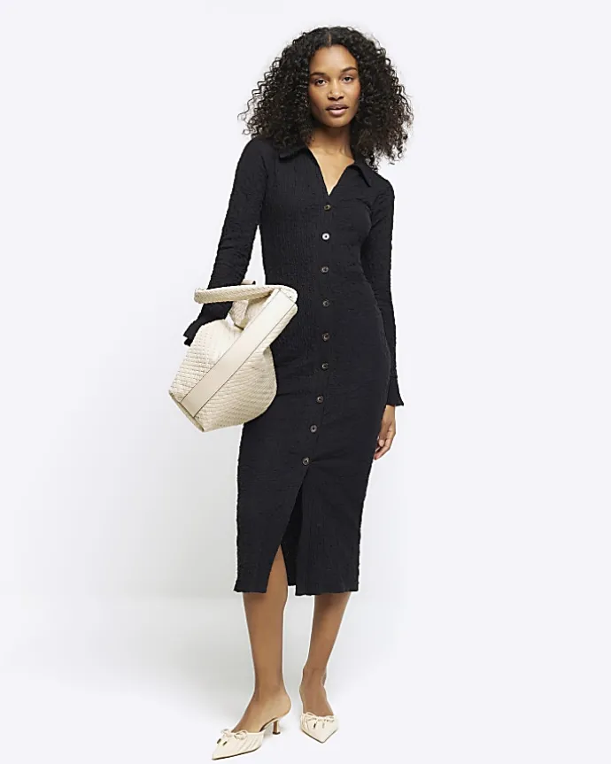 Black Textured Midi Shirt Dress