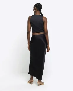 Black tie waist midi skirt