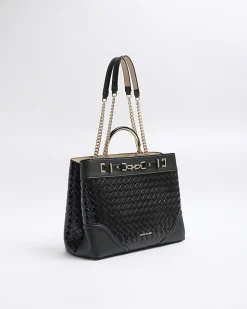 Black woven chain tote bag
