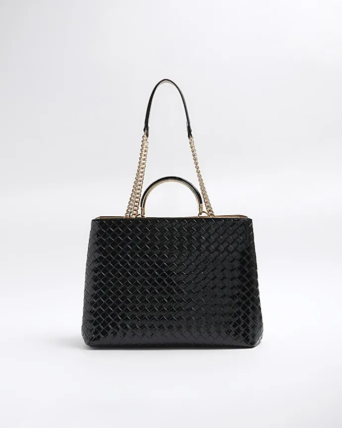 Black woven chain tote bag