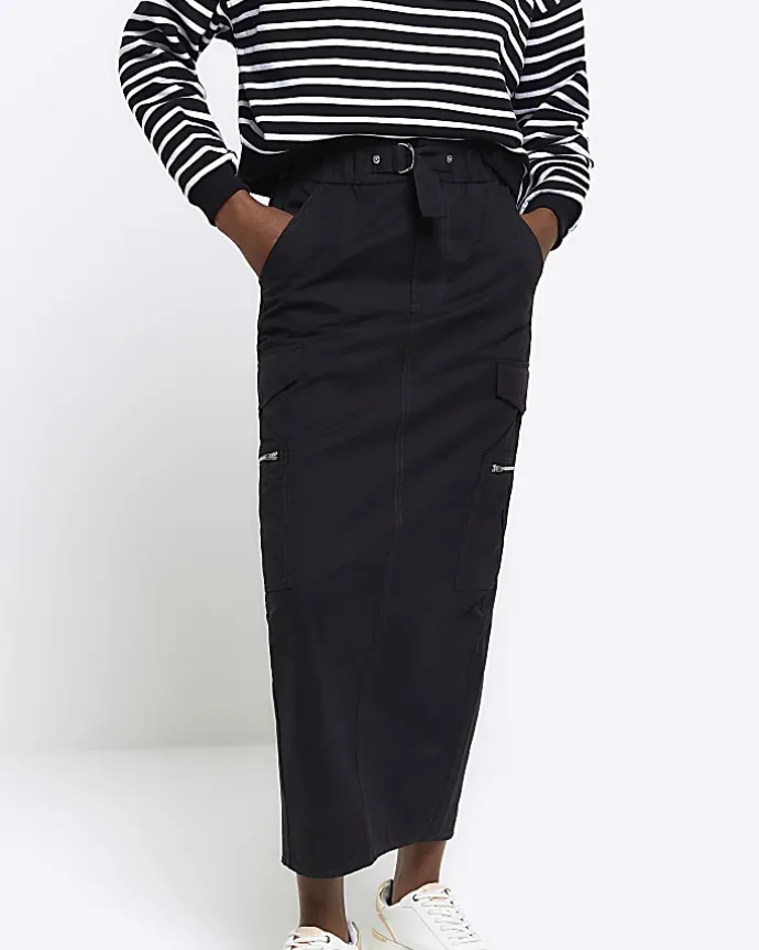 Black zip pencil midi skirt