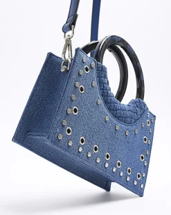 Blue denim studded cross body bag