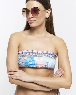 Blue embellished bandeau bikini top