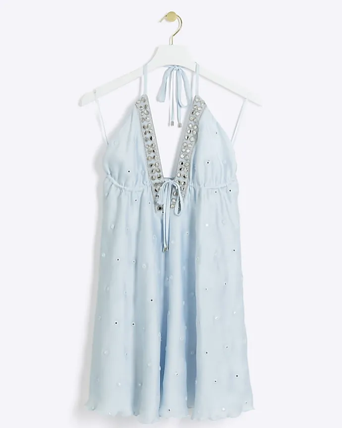 Blue embellished plunge beach mini dress