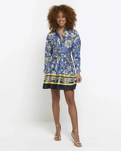 Blue floral belted mini shirt dress