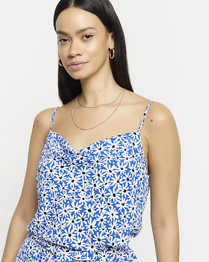 Blue floral cowl neck cami top