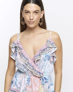 Blue floral frill playsuit