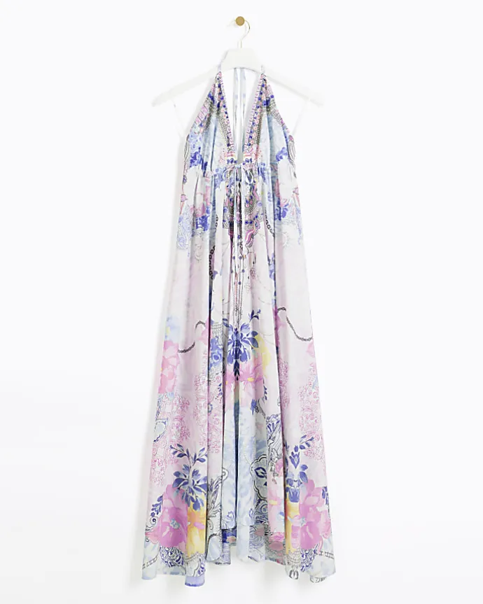 Blue floral plunge slip maxi dress