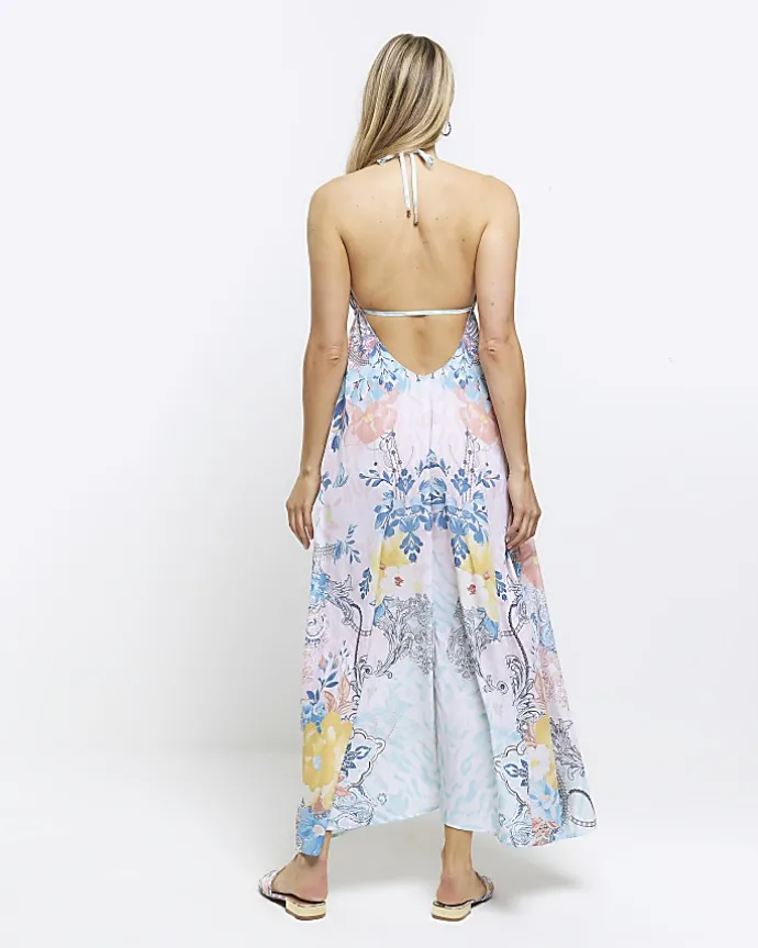 Blue floral plunge slip maxi dress