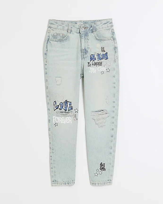 Blue graffiti ripped jeans