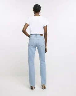Blue high rise stove pipe straight leg jeans