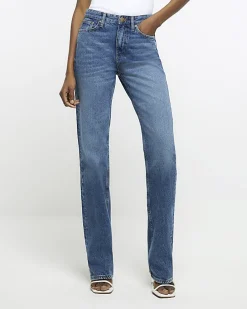 Blue high waist straight leg jeans