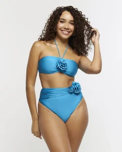 Blue high waisted corsage bikini bottoms