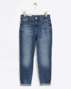 Blue high waisted embellished mom jeans