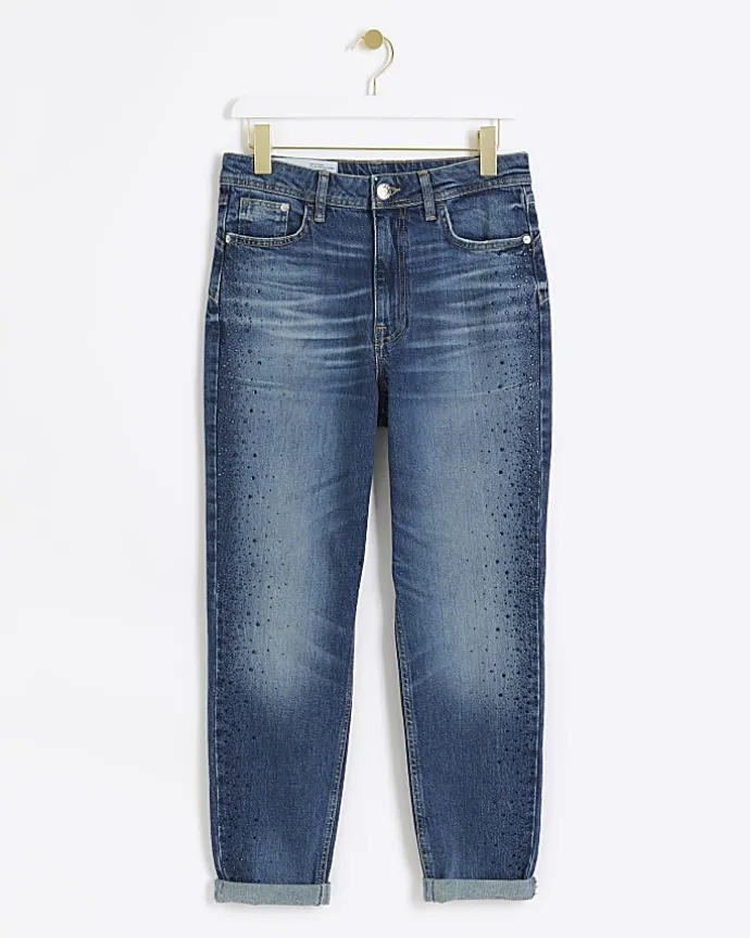 Blue high waisted embellished mom jeans