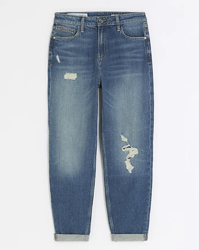 Blue high waisted mom ripped jeans