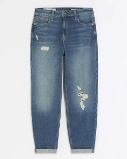Blue high waisted mom ripped jeans