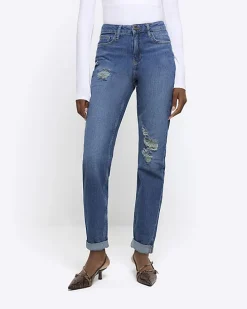 Blue high waisted mom ripped jeans