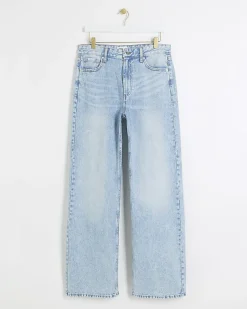 Blue high waisted relaxed straight leg jeans