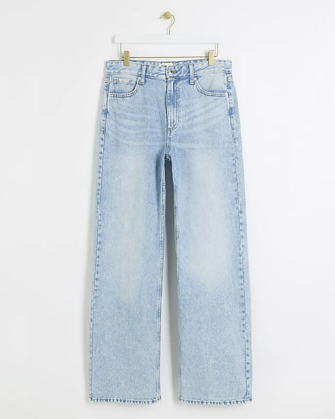 Blue high waisted relaxed straight leg jeans