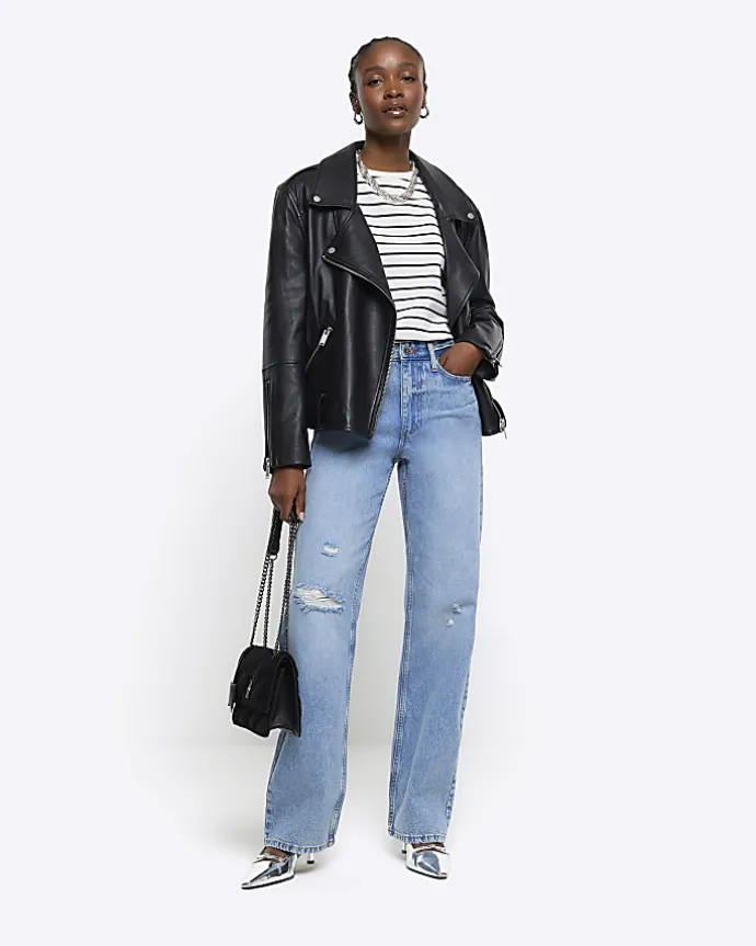 Blue high waisted relaxed straight fit jeans