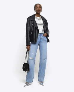 Blue high waisted relaxed straight fit jeans