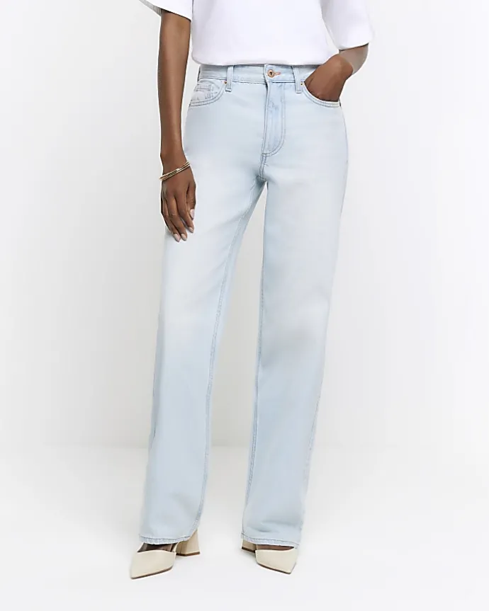 Blue high waisted relaxed straight leg jeans