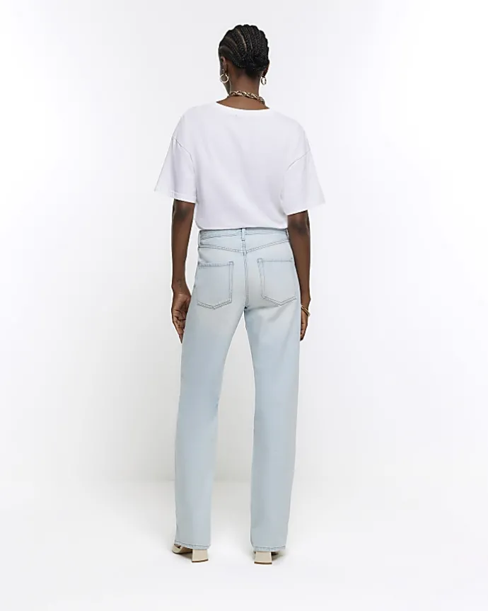 Blue high waisted relaxed straight leg jeans