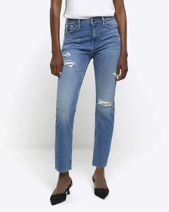 Blue high waisted slim fit ripped jeans