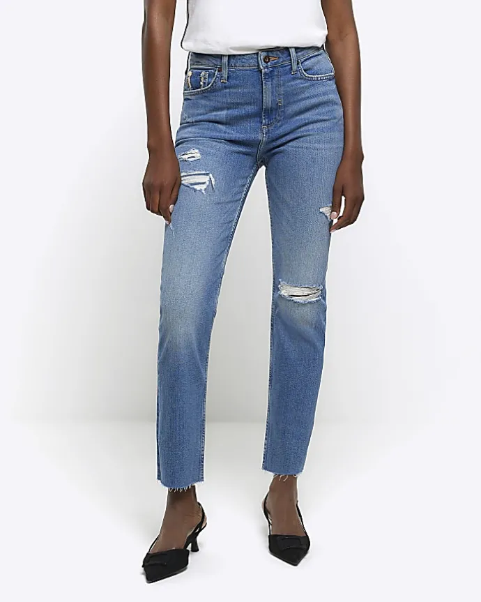 Blue high waisted slim fit ripped jeans