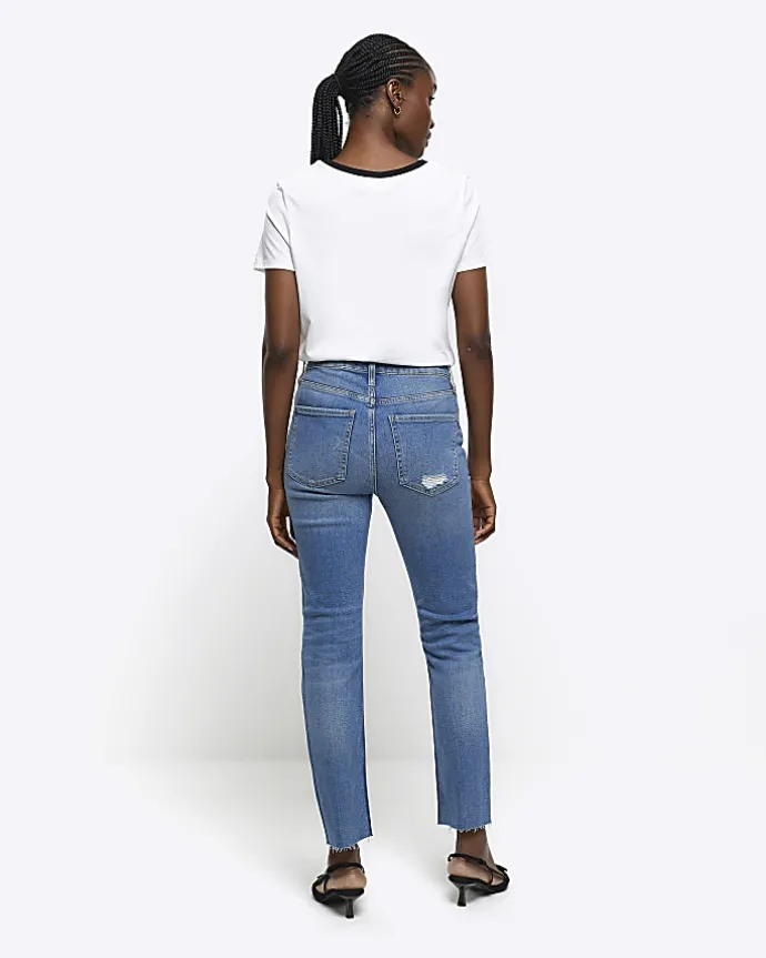 Blue high waisted slim fit ripped jeans
