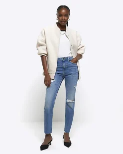 Blue high waisted slim fit ripped jeans