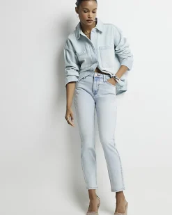 Blue high waisted slim straight jeans