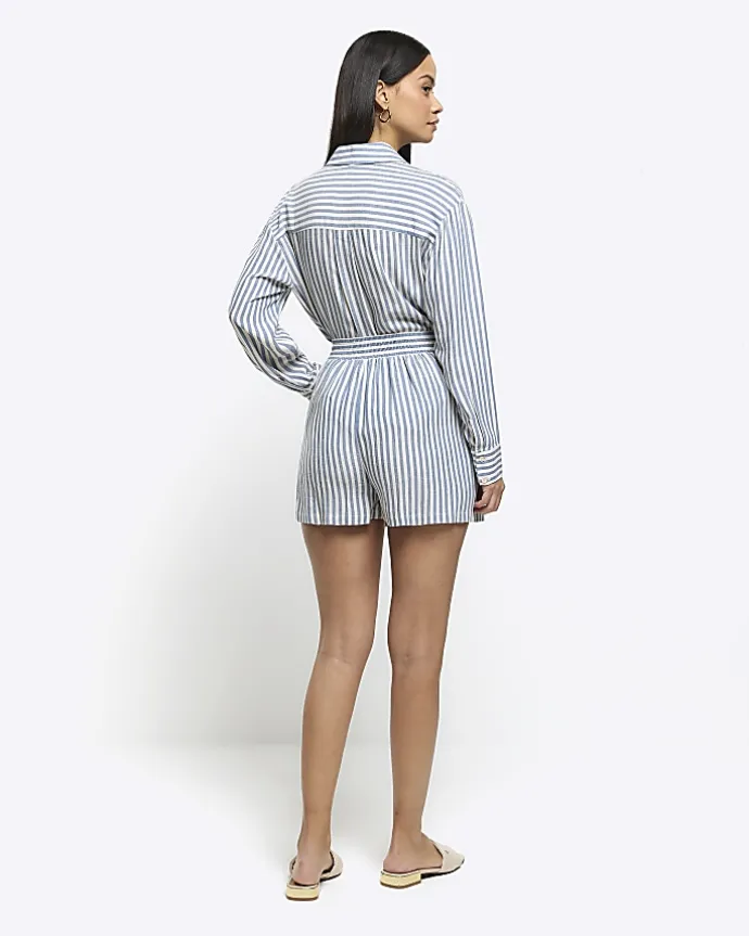Blue linen blend stripe shorts