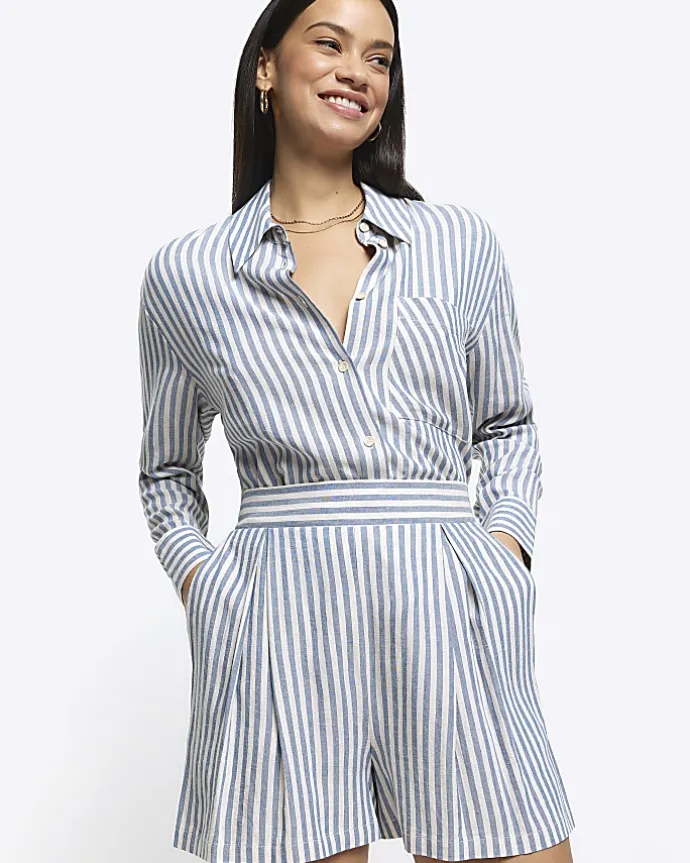 Blue linen blend stripe shorts