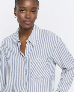 Blue linen blend stripe shirt